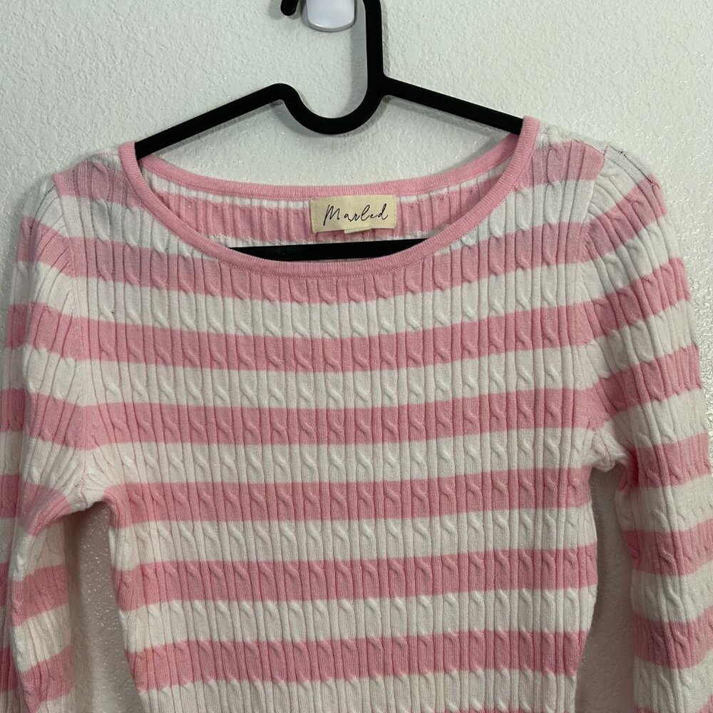 Marled Striped Cable Knit Fitted Sweater Preppy Tennis Academia - Picture 2 of 4